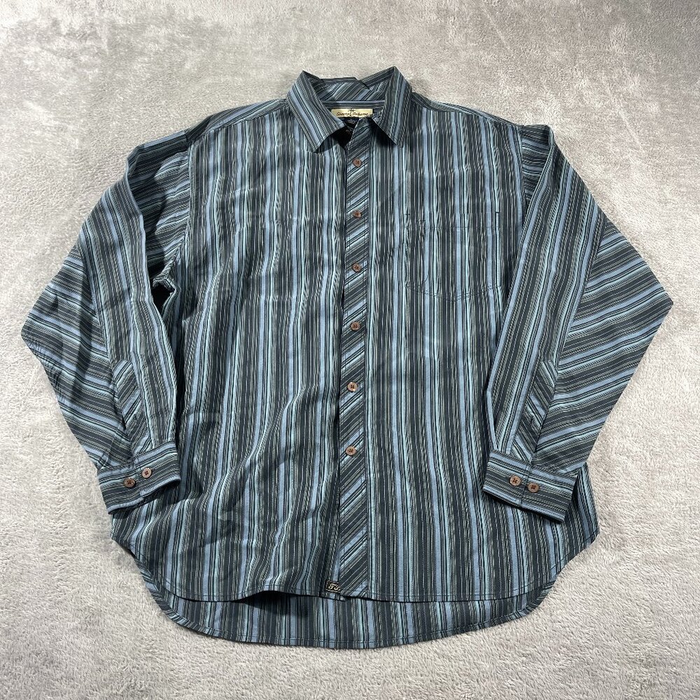 Tommy Bahama Mens Blue Stripe 100% Silk Long Sleeve Dress Shirt‎ L Outdoorsy